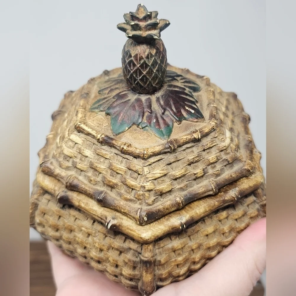 Unique Vintage Trinket Jewelry Box Chinese Style Woven Pineapple Lid Footed